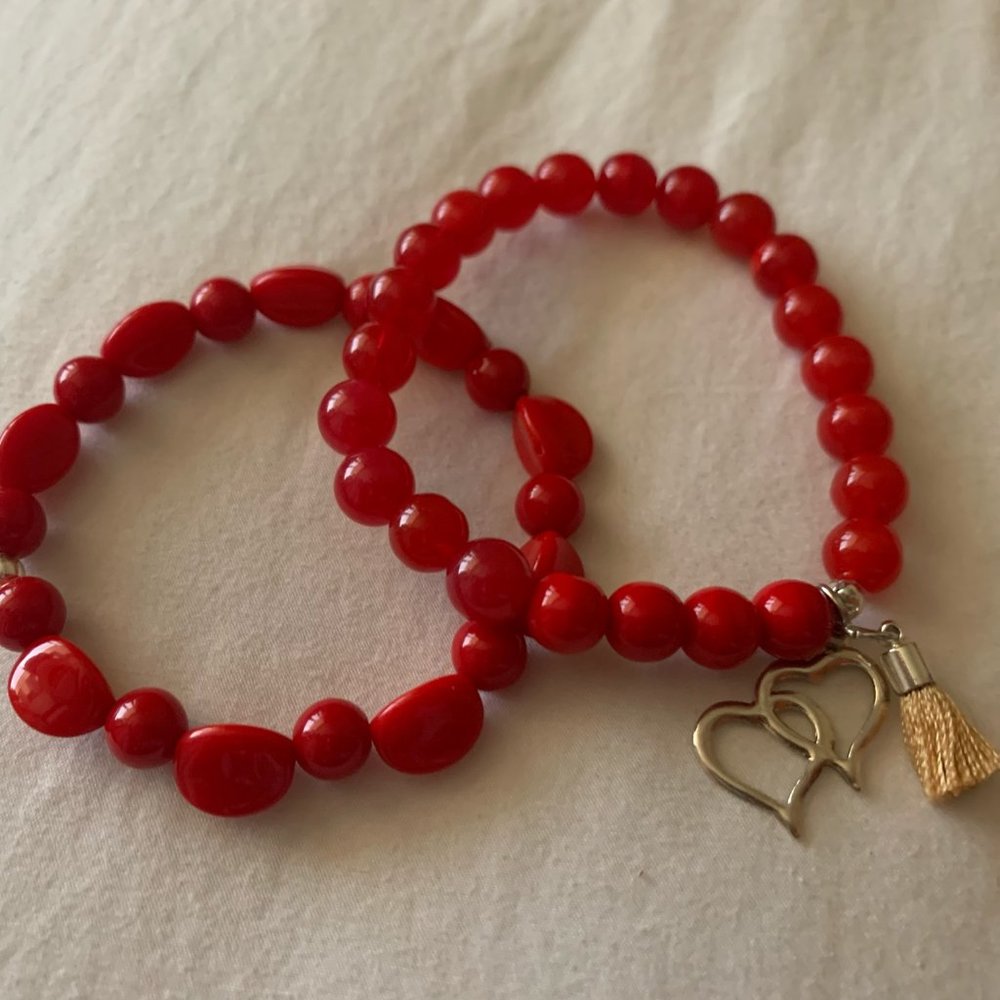 Red Bracelets with Double Heart Silver Charm and Tassel - Picture 4 of 4